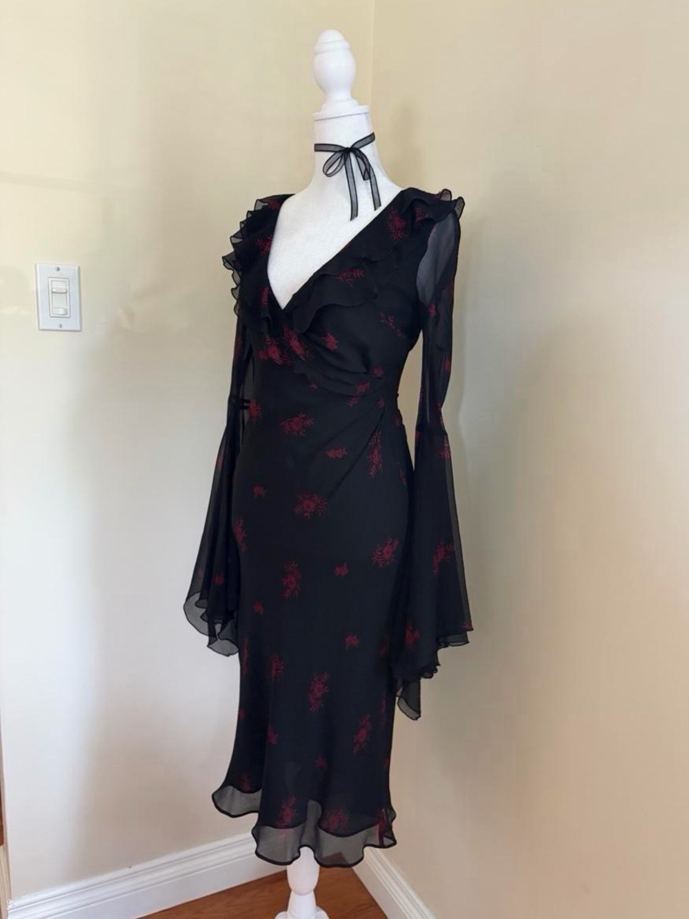 Vintage Y2K silk black ruffle goth bias cut floral dress LIKE Betsey Johnson S - Picture 5 of 10